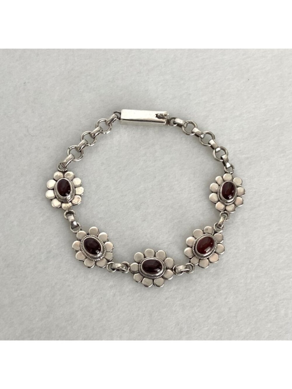 Sterling Silver 925 Garnet Cabochon Flower Floral Link Bracelet 7" - Picture 15 of 16